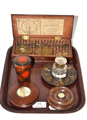 Lot 11 - A tray of collector's items, two snuff boxes inset with ivory plaques one inscribed...
