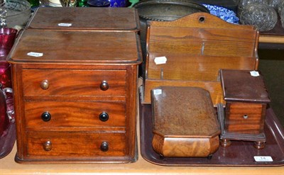 Lot 14 - Mahogany money box, letter rack, inlaid box and two mahogany drawers (from a dressing table)