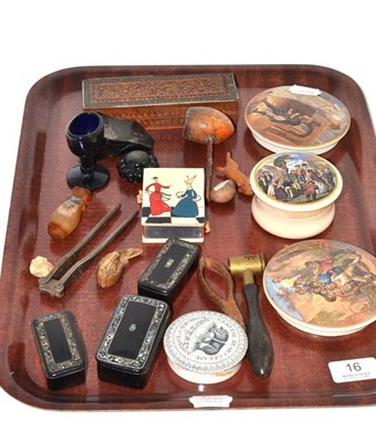 Lot 16 - A tray of collector's items including four pot lids, three mother-of-pearl inlaid snuff boxes,...