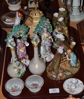 Lot 20 - Pair of Royal Worcester figural spill vases, blush ivory pot pourri vase and cover,...