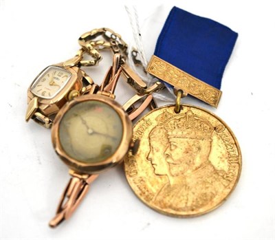 Lot 41 - Two 9ct gold ladies wristwatches and a gilt metal Coronation medal