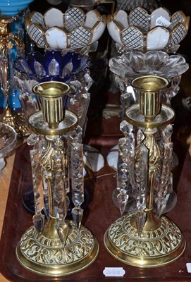 Lot 45 - A pair of brass column table lustres with glass drops, a pair of Victorian white overlay glass...