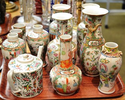 Lot 48 - A quantity of Cantonese famille rose pottery including two cylindrical vases, baluster vases,...