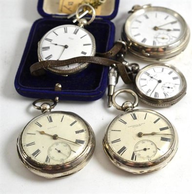 Lot 52 - Three silver pocket watches, silver fob watch and another fob watch stamped 'Fine Silver' (5)