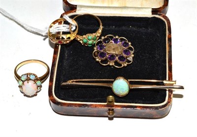 Lot 64 - A mourning brooch, an opal bar brooch, a 9ct gold opal ring (a.f.) and two stone set rings...