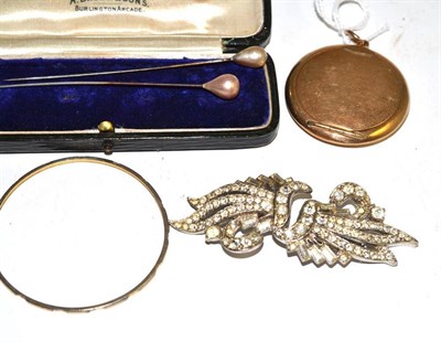 Lot 65 - A 9ct gold compact, pins, paste brooches and a bangle