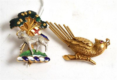 Lot 74 - A 9ct gold enamelled brooch and a 9ct gold bird brooch