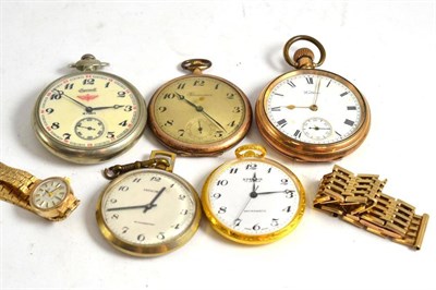 Lot 82 - A 9ct gold wristwatch bracelet, a lady's Roamer 9ct gold wristwatch and five pocket watches