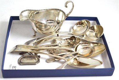 Lot 83 - Box of small silver including sauce boat, wine labels etc
