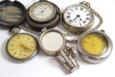 Lot 88 - Cased pocket barometers, chrome cased compass and three watches