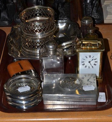 Lot 112 - A W.M.F plated dish, a brass carriage timepiece, pair of plated coasters, two silver mounted...