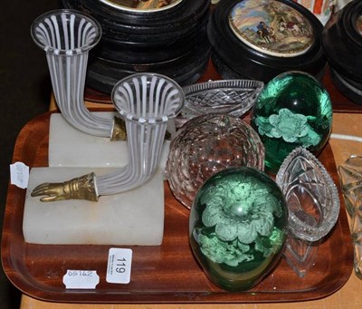 Lot 119 - Two green glass dumps, two cut glass oval salts on pedestal stands and two opaline striped...