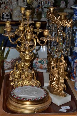 Lot 127 - A pair of gilt metal candelabrum, pair of gilt metal flat-back figural candlesticks with glass...