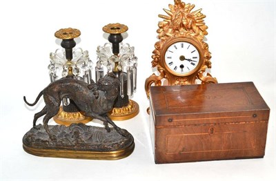 Lot 137 - A gilt metal mantel clock, figure of a greyhound, an inlaid hinged box and a pair of gilt metal...