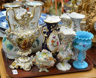 Lot 139 - Pair of painted glass vases, English porcelain floral encrusted vases, two twin handled vases etc