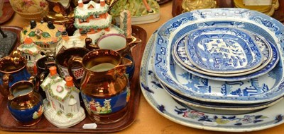 Lot 140 - Three pottery meat plates, Staffordshire pastille burners and money boxes, copper lustre jugs...