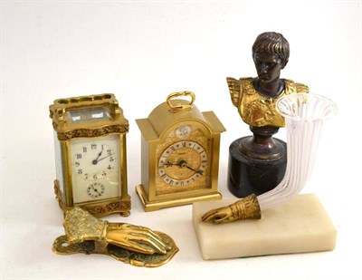 Lot 144 - Brass mantel clock with enamel dial (a.f.), a brass paperclip, a small brass mounted pedestal...