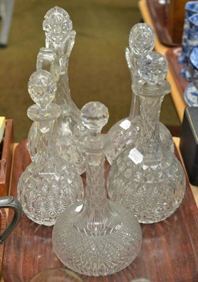 Lot 148 - Two cut glass jug decanters and stoppers; and three other decanters and stoppers (5)