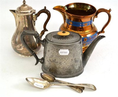 Lot 150 - A silver water jug, a silver spoon stamped 'HB', copper lustre jug and a silver plated teapot