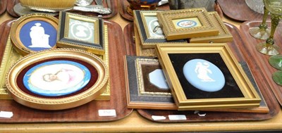 Lot 152 - A quantity of modern framed Jasperware plaques, porcelain panels etc (on two trays)