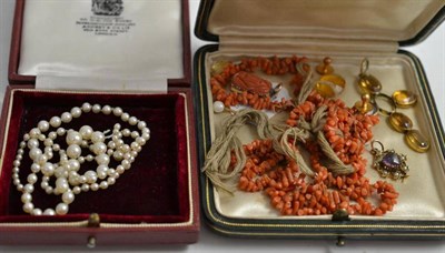 Lot 161 - A gemstone cross (a.f.), a coral necklace and assorted pearl set pieces (in two boxes)