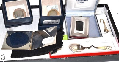 Lot 172 - Six silver novelties comprising baby hair box, pill box, card holder, golfing spoon, photo...