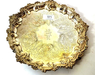 Lot 571 - A William IV Silver Salver, maker's makr IW, London 1831, shaped circular on three cast shell...