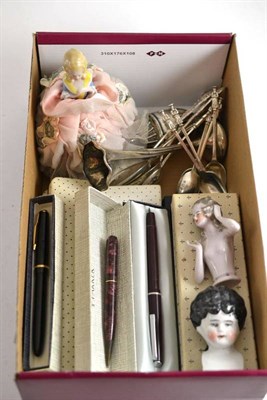 Lot 192 - Box of silver teaspoons, pens, china half dolls etc