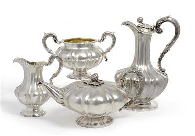 Lot 573 - A George IV and Later Silver Four Piece Teaset, the teapot Charles Fox, London 1827, the hot...