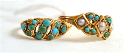 Lot 200 - A 15ct gold turquoise ring and a 15ct gold turquoise and pearl set ring