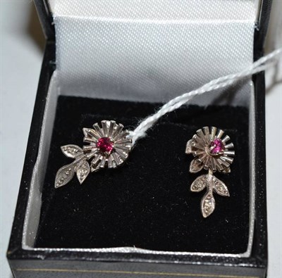 Lot 208 - A pair of 9ct white gold ruby and diamond earrings