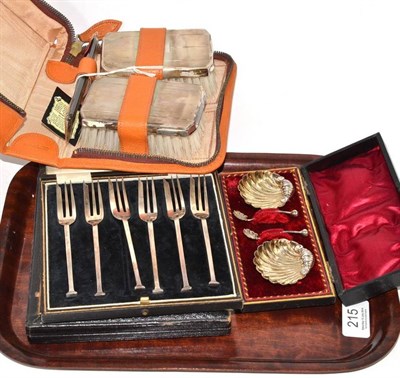 Lot 215 - A cased set of six silver teaspoons, six cake forks, pair of salts and two hair brushes