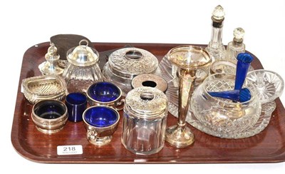 Lot 218 - A quantity of assorted silver mounted dressing table items, a desk calendar and a part cruet set