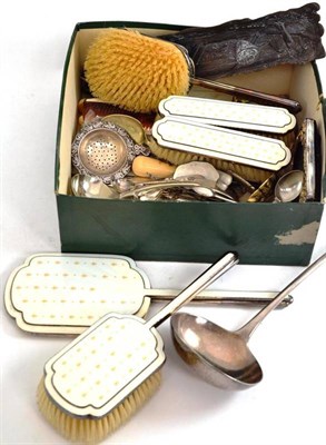 Lot 219 - Box of plated wares, silver and enamel brush set, plated ladle, flatware etc