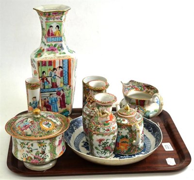 Lot 225 - A tray of assorted Canton including baluster vase, a lidded bowl, milk jug, small vases, blue...