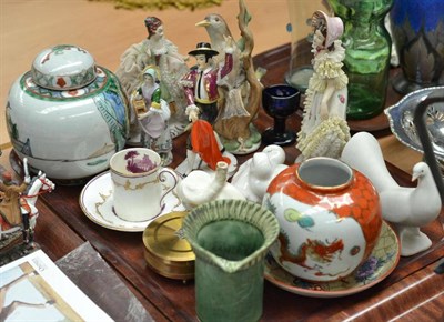 Lot 238 - Quantity of assorted china, Dresden figures, Clews & Co Chameleon Ware vase, Sitzendorf figure...