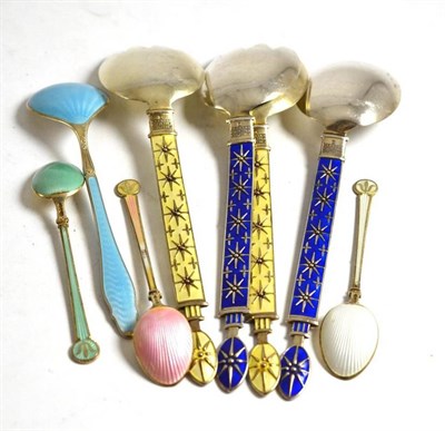 Lot 292 - Two sets of Norwegian silver and enamel forks and spoons; and four others