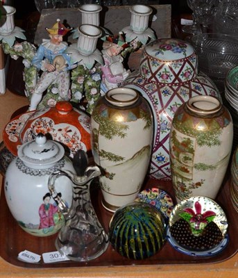 Lot 301 - A tray lot including a pair of Satsuma vases, glass, paperweights, a pair of Continental...