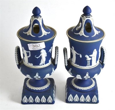 Lot 302 - A pair of Adam's Jasper vases and covers