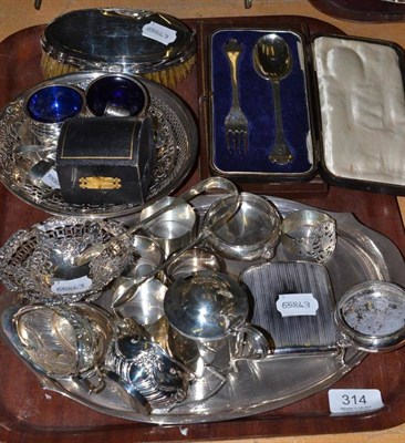 Lot 314 - A collection of silver including a dressing table tray, pierced dishes, a cased George III mustard