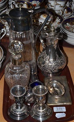 Lot 315 - Pair of silver mounted table candlesticks, cut glass bottle and stopper with silver mount,...