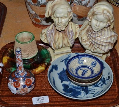 Lot 330 - An Imari vase, a Chinese blue and white saucer dish, two Japanese small bowls, a Copeland...