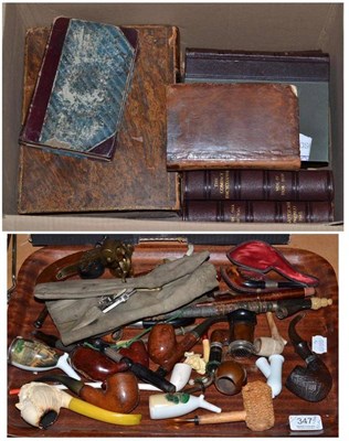 Lot 347 - Assorted German pipes, clay pipes, drawing instruments, a reproduction pistol and a box of assorted