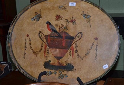 Lot 349 - Oval two handled toleware gallery tray decorated with a pedestal vase and flowers