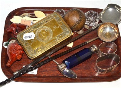 Lot 360 - A 1914 Christmas tin, blue glass double ended scent bottle, two ladles, one silver napkin ring,...