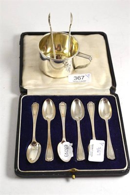 Lot 367 - Cased set of silver coffee spoons, silver tongs and sterling silver mug