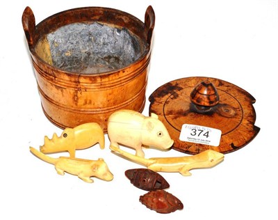 Lot 374 - A burr sycamore box containing ivory and treen figures