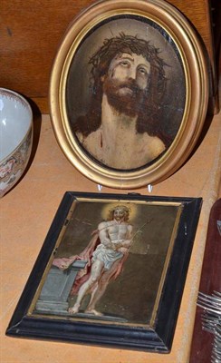 Lot 379 - An oil on tin of Christ, another oval oil on board (2)