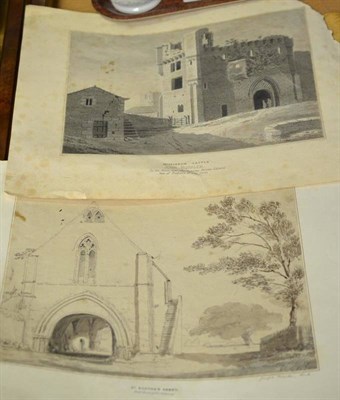 Lot 391 - John Buckler, Middleham Castle, pen and wash, also two studies by Joseph Rhodes, Leeds (3) (foxing)