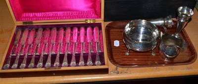 Lot 399 - Cased set of plated fish eaters with shell mounted handles, a Victorian silver circular bowl, a...